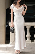 Ivory Satin Sheath Column Cowl Neck Cowl Back with Tie Maxi Dress - Jimiss