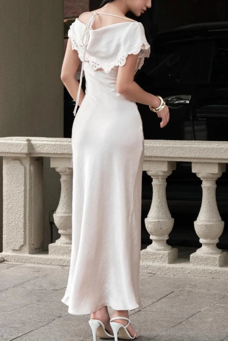 Ivory Satin Sheath Column Cowl Neck Cowl Back with Tie Maxi Dress - Jimiss