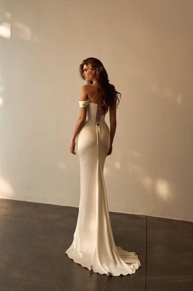 Ivory Satin Sheath Column Cowl Neck Lace Up Back Floor Length Dress Back View - Jimiss