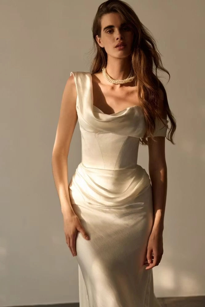 Ivory Satin Sheath Column Cowl Neck Lace Up Back Floor Length Dress Detail - Jimiss