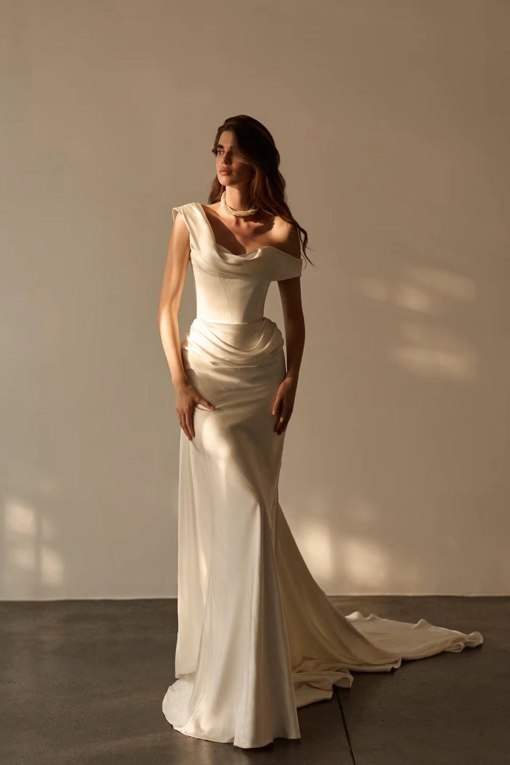 Ivory Satin Sheath Column Cowl Neck Lace Up Back Floor Length Dress Front View - Jimiss