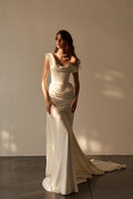 Ivory Satin Sheath Column Cowl Neck Lace Up Back Floor Length Dress Front View - Jimiss