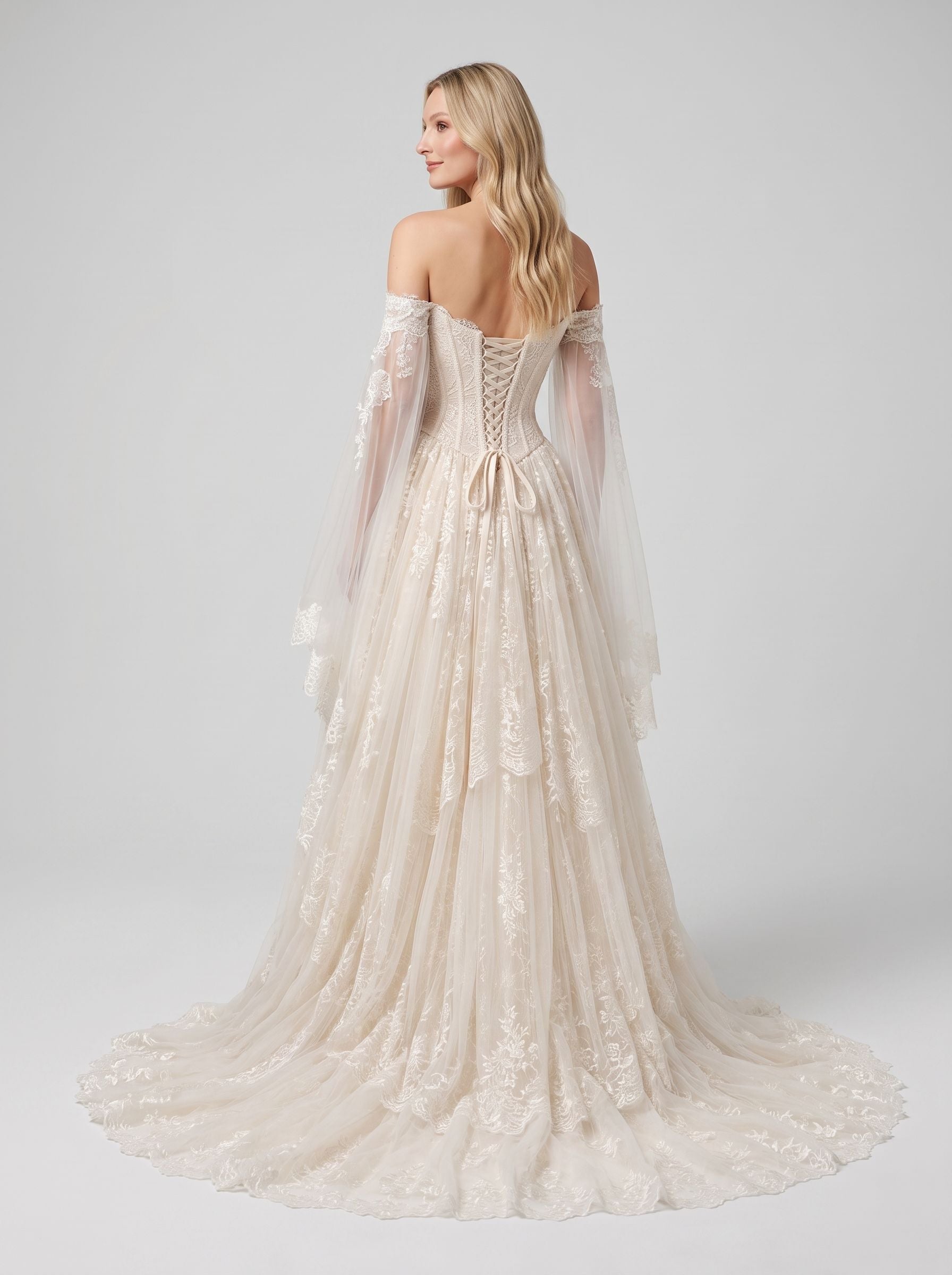 Ivory Tulle and Lace A-Line Sweetheart Lace-Up Back Floor-Length Dress Back View - Jimiss