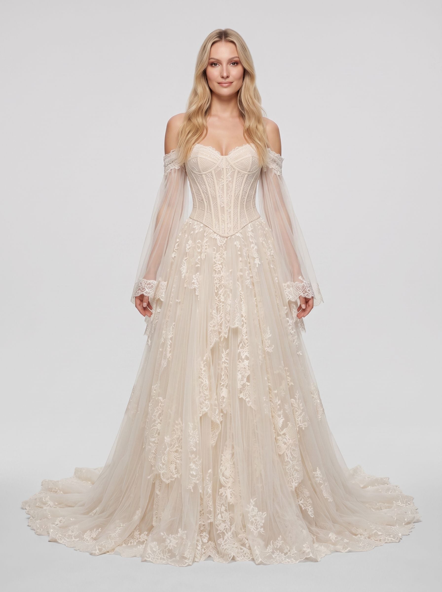 Ivory Tulle and Lace A-Line Sweetheart Lace-Up Back Floor-Length Dress Front View - Jimiss