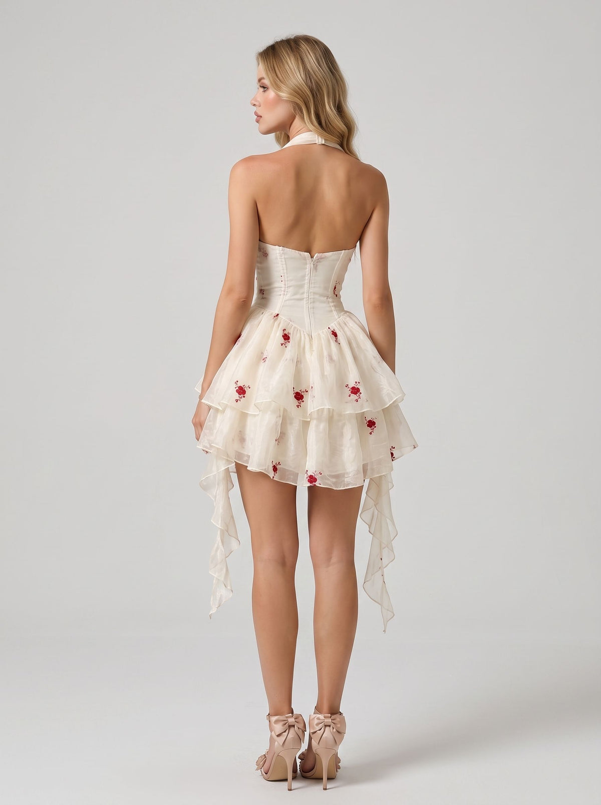 Ivory with Red Embroidery Organza A-Line Halter Mini Dress Back View - Jimiss