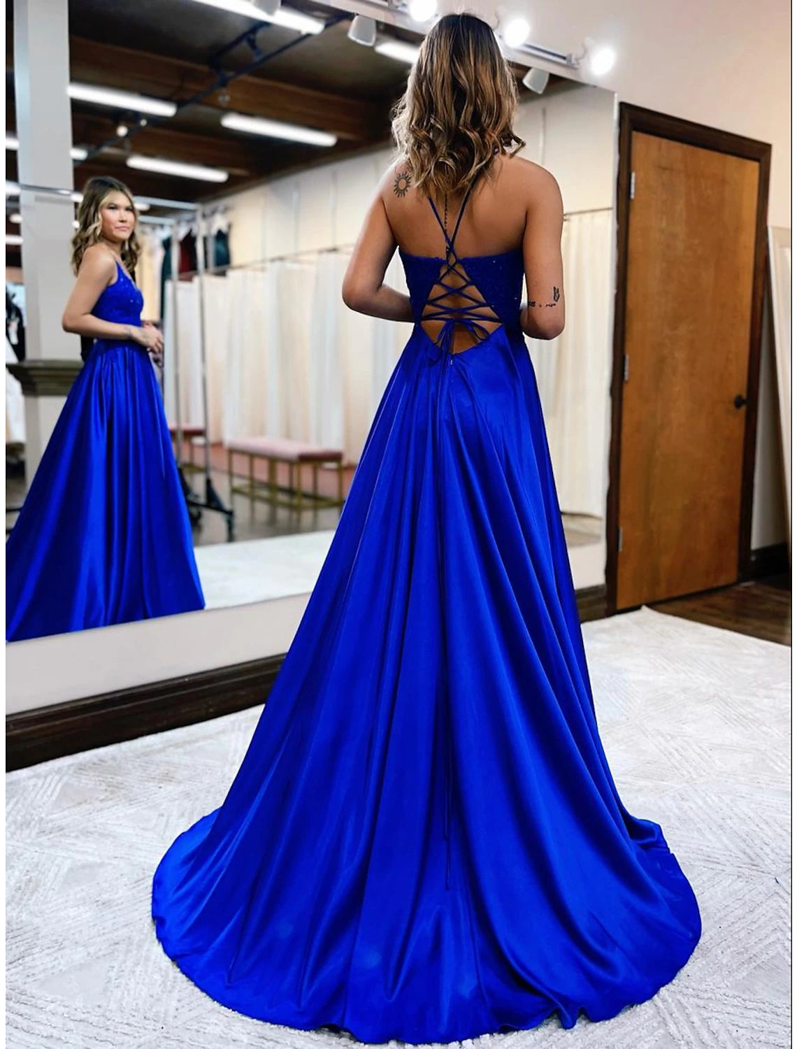 Emerald Satin V-Neck A-Line Floor-Length Gown with Lace Bodice