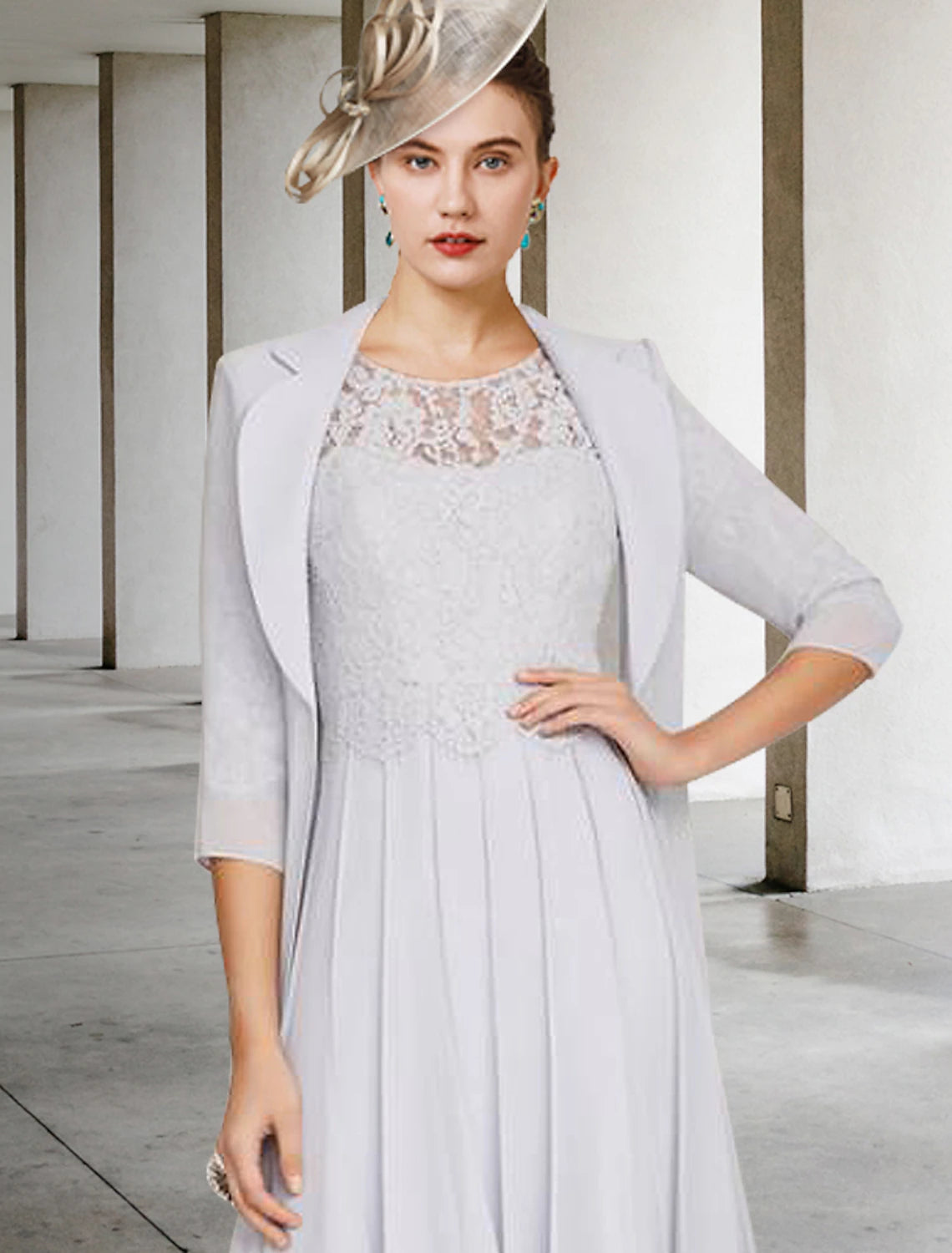 Vestido de dos piezas de corte A para madre de la novia, elegante, estilo iglesia, escote en V, largo hasta la rodilla, de satén, con encaje, media manga y chaqueta con pliegues.