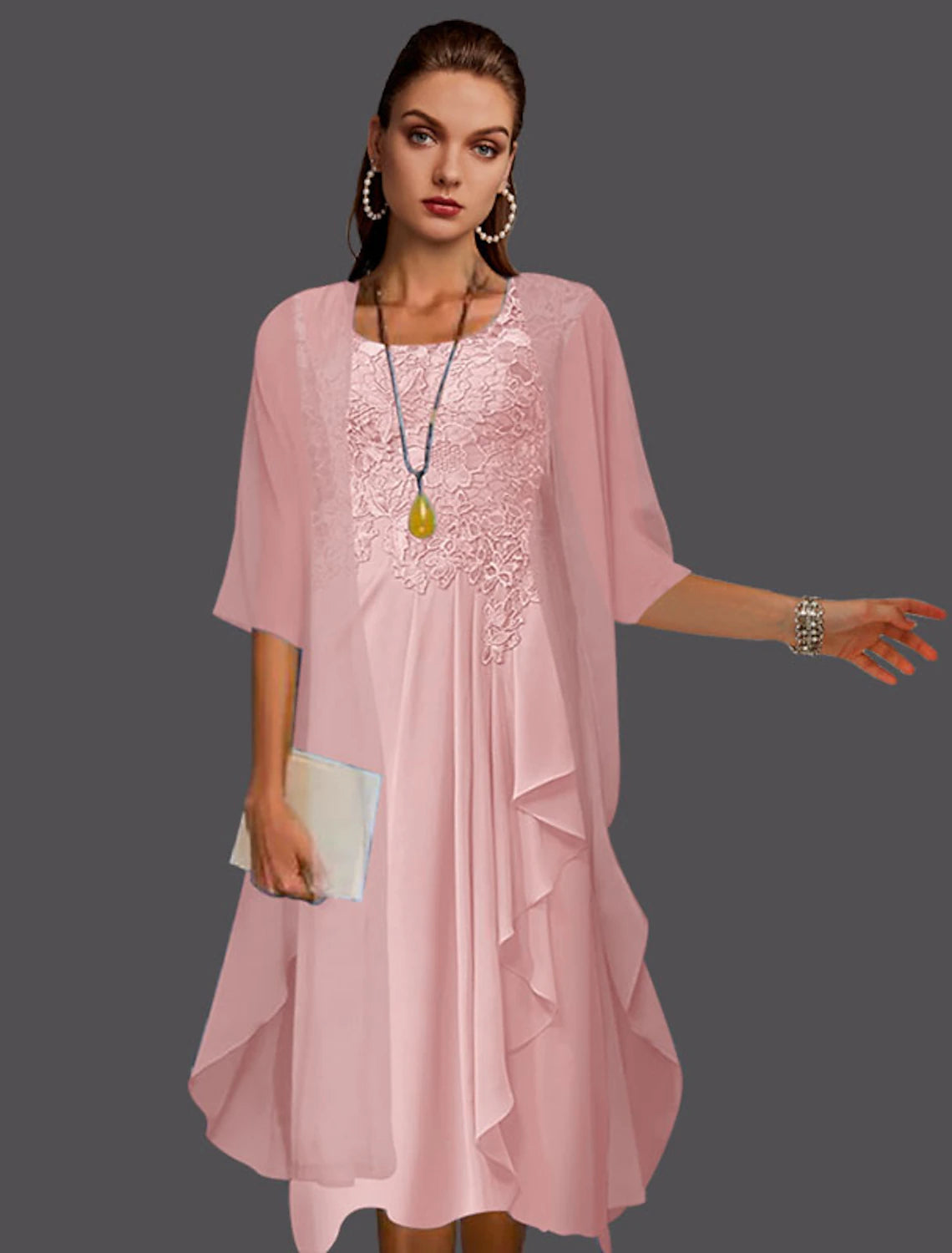 Abito da sposa a trapezio in due pezzi per la madre della sposa, elegante, a maniche lunghe, con scollo a barchetta, lunghezza al ginocchio, in pizzo e chiffon, con applicazioni di pieghe Jakcet