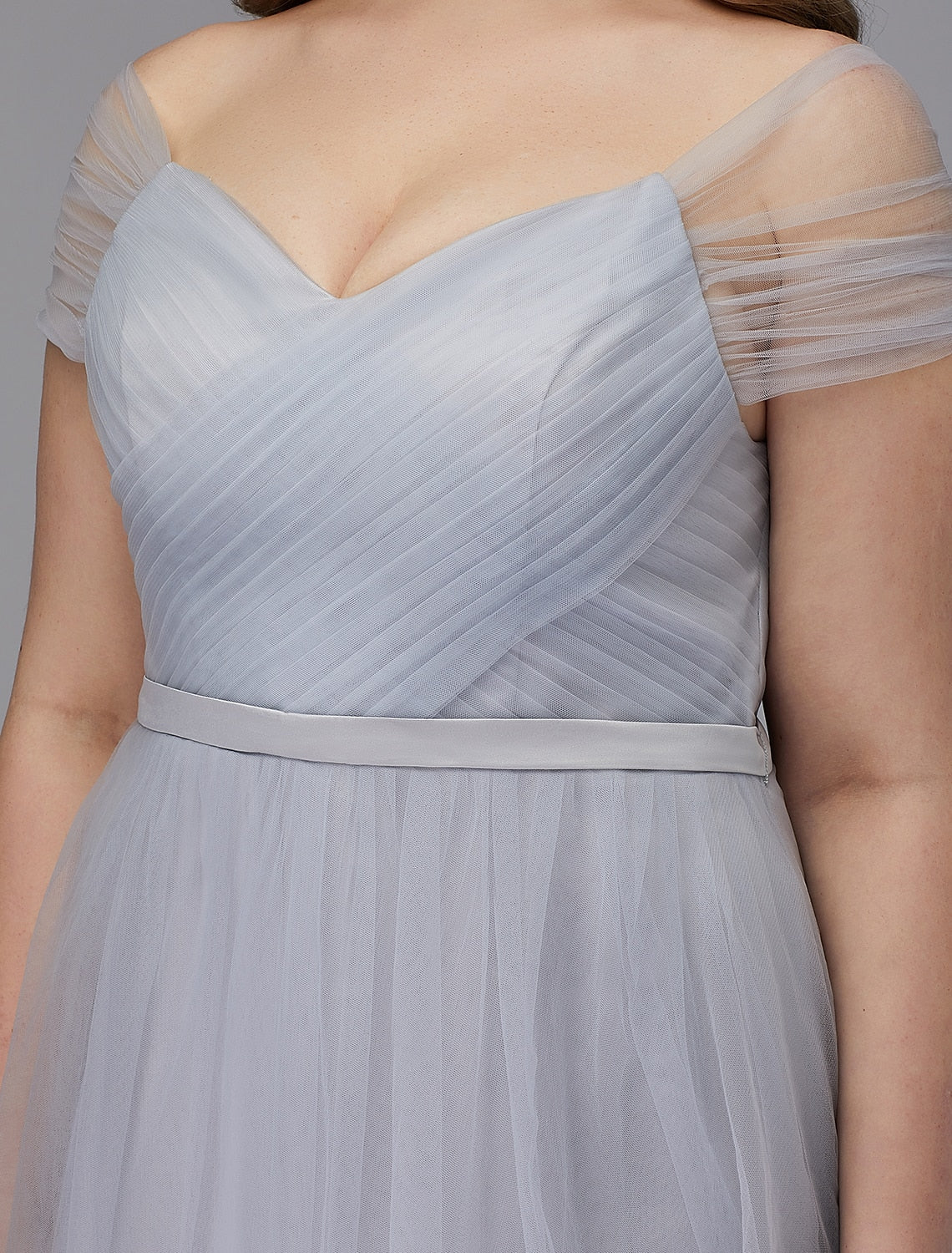 Abito elegante a trapezio, da cerimonia, da cocktail, lunghezza tè, manica corta, spalle scoperte, in tulle con fascia/nastro incrociato