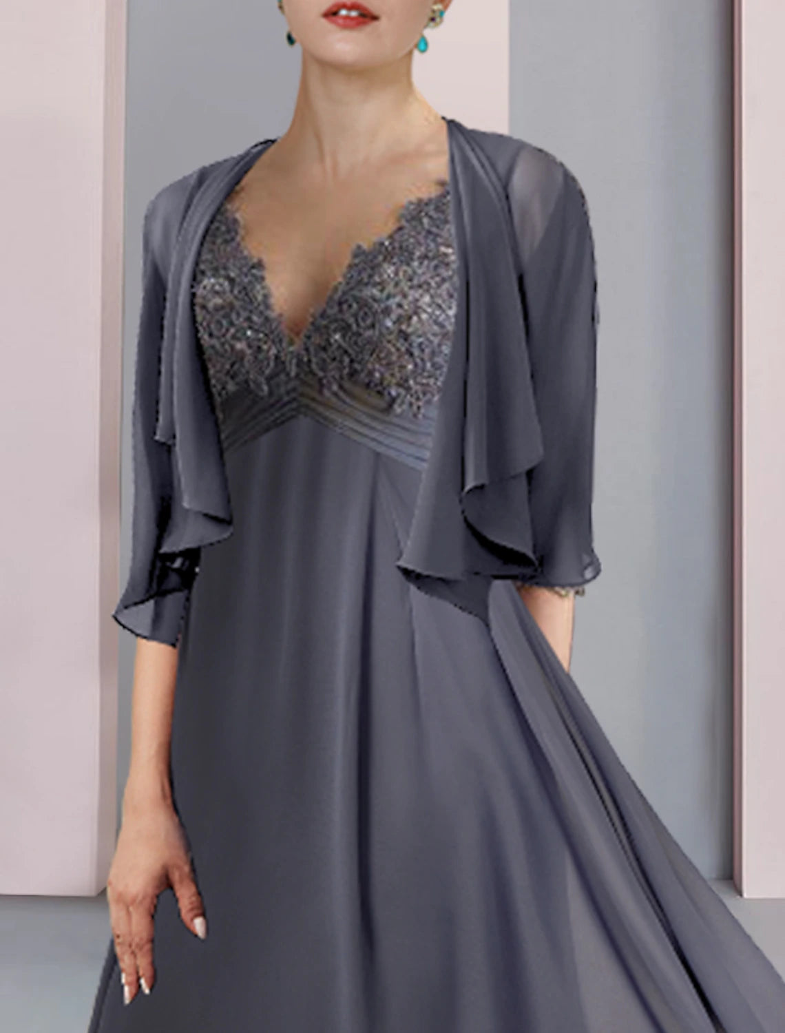 Vestido de dos piezas para madre de la novia, para invitada de boda formal, elegante, escote en V, largo hasta la rodilla, de gasa, con encaje, manga corta, cruzado, incluido con apliques fruncidos.