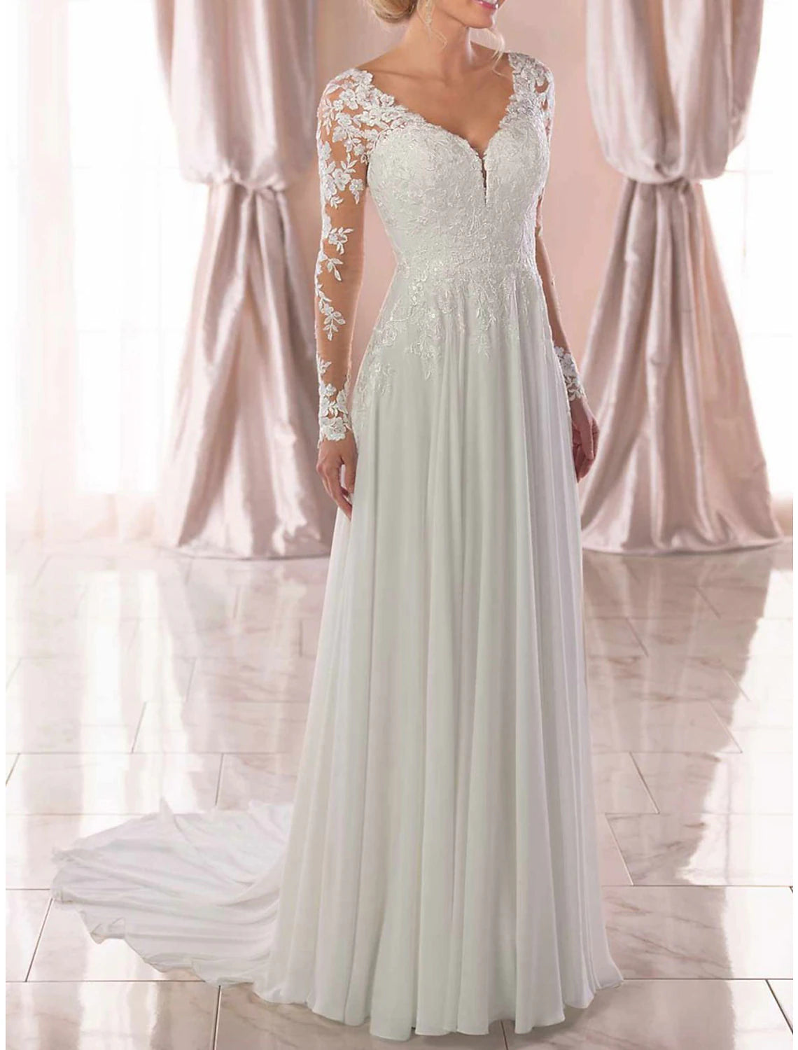 Ivory Lace A-Line Floor-Length Bridesmaid Dress with V-Neck, Long Sleeves & Sweep Train