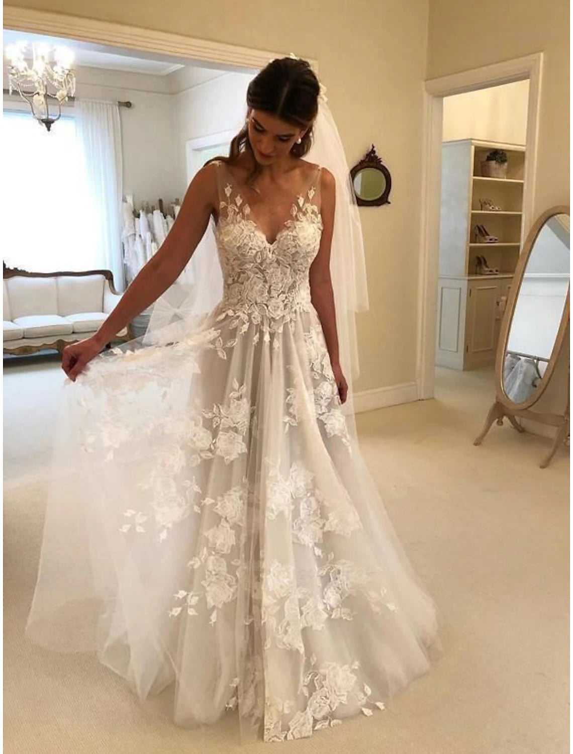 Beach Boho Wedding Dresses A-Line V Neck Sleeveless Sweep / Brush Trai – JiMiss Dresses