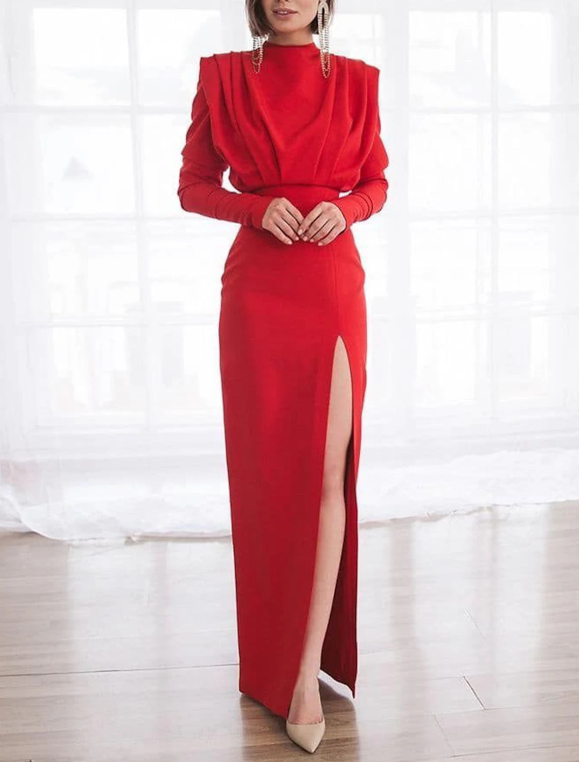 Sheath Evening Gown Elegant Dress Formal Red Green Dress Floor Length Long Sleeve High Neck  Fabric with Ruched Slit
