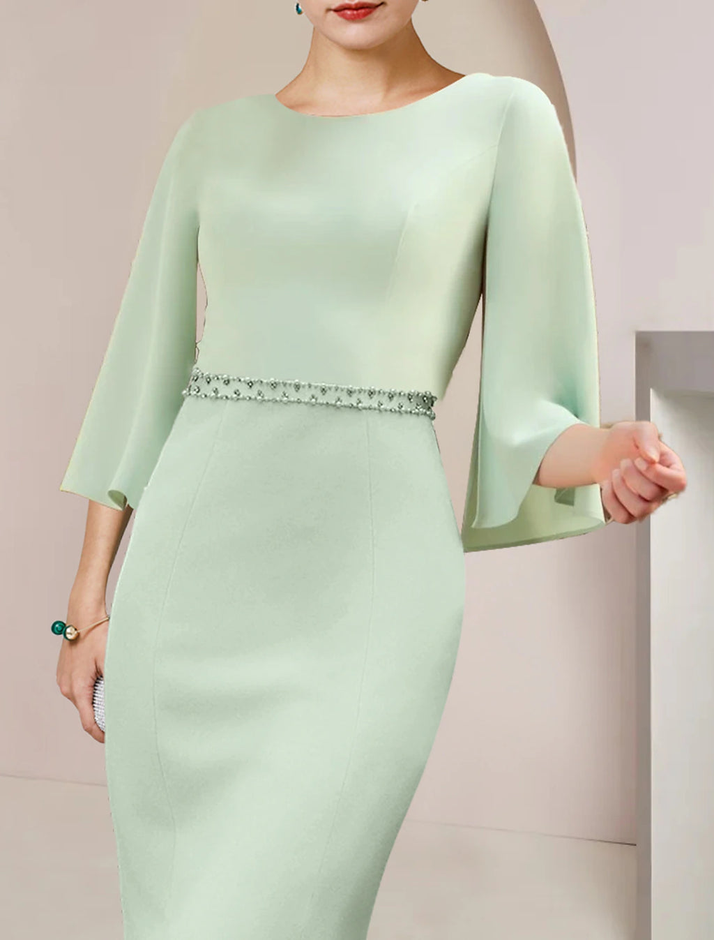 Mint Green Satin Mermaid Midi Dress with Boat Neck & Beaded Waist