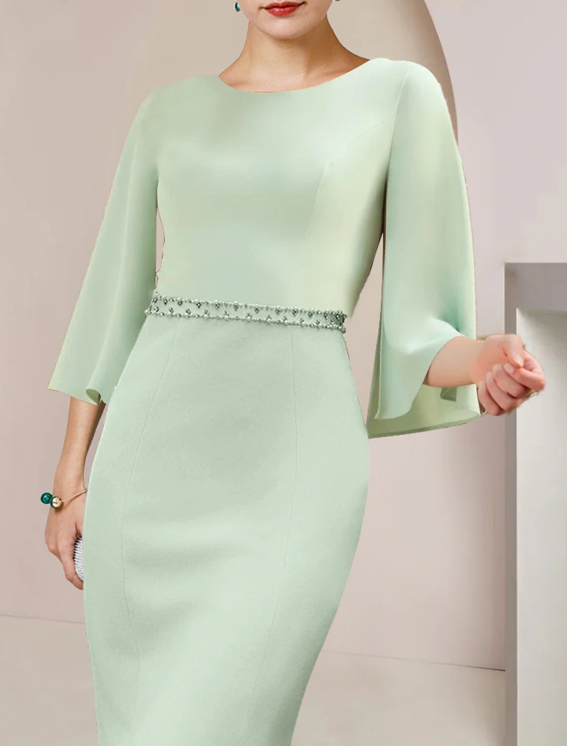 Mint Green Satin Mermaid Midi Dress with Boat Neck & Beaded Waist