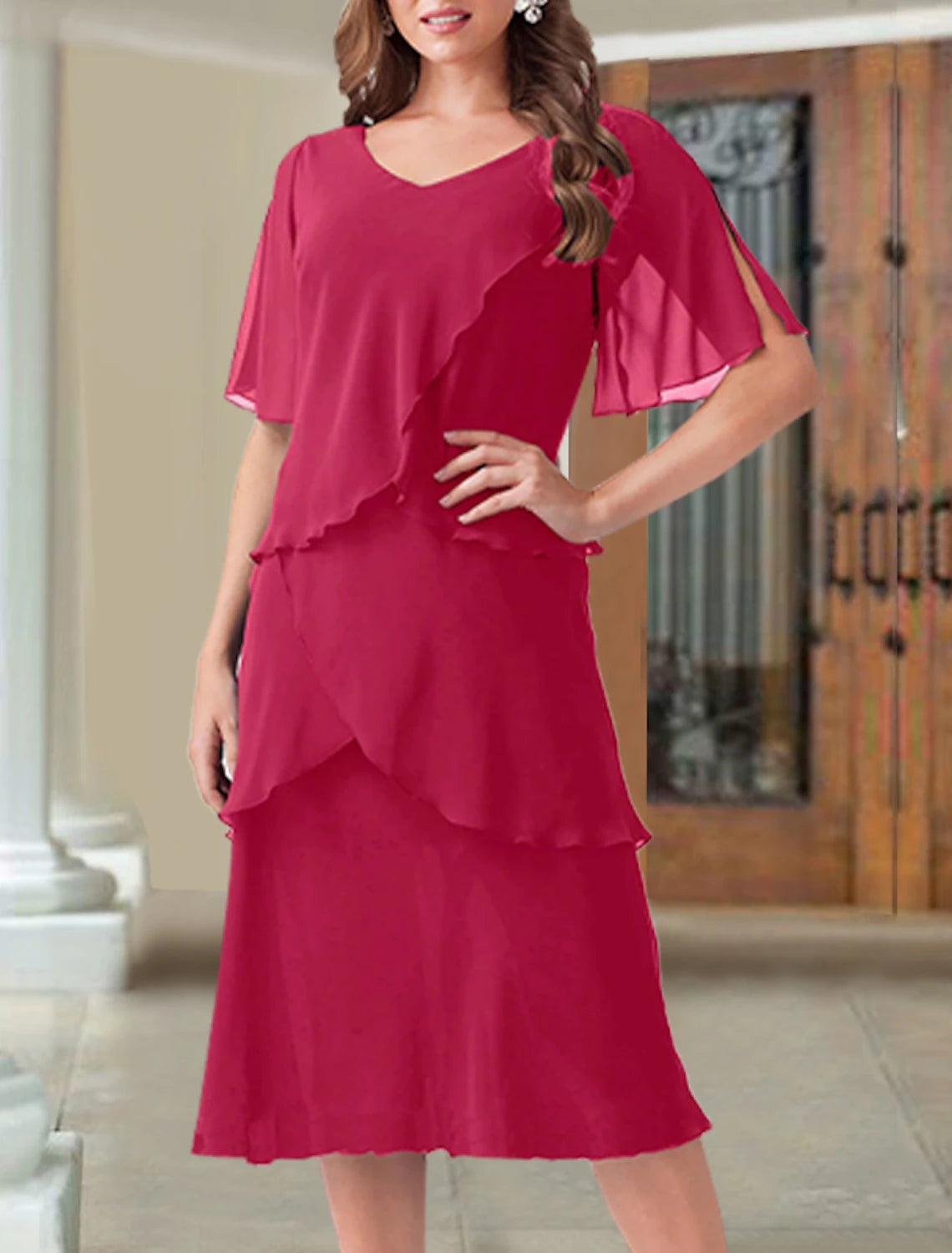 Abito da cerimonia per la madre della sposa, elegante, in chiffon, con scollo a V, lunghezza tè, manica corta, con volant, taglie forti