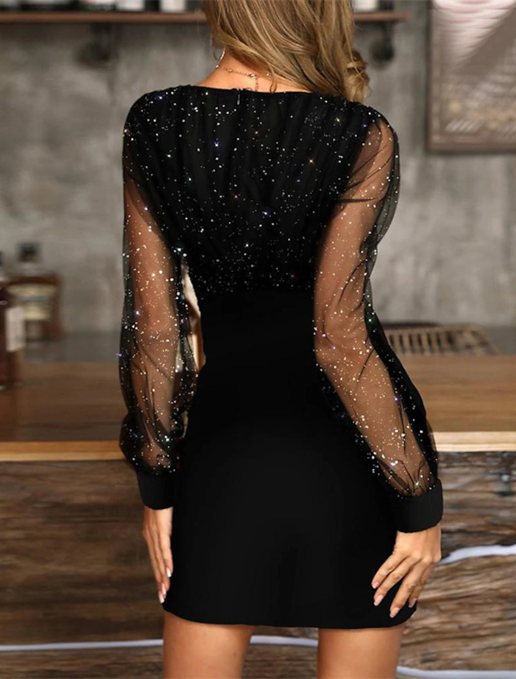 Black Glitter Fabric Short Sheath/Column Dress with Wrap V-Neck & Glitter Mesh Sleeves