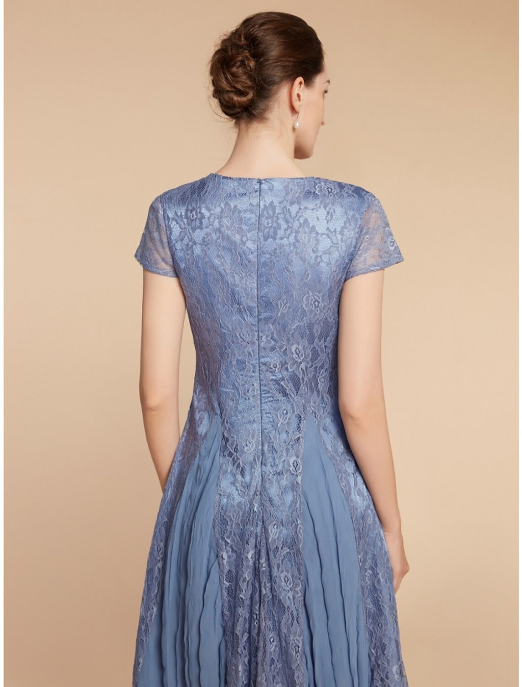 Blue Lace V-Neck A-Line Tea-Length Evening Dress