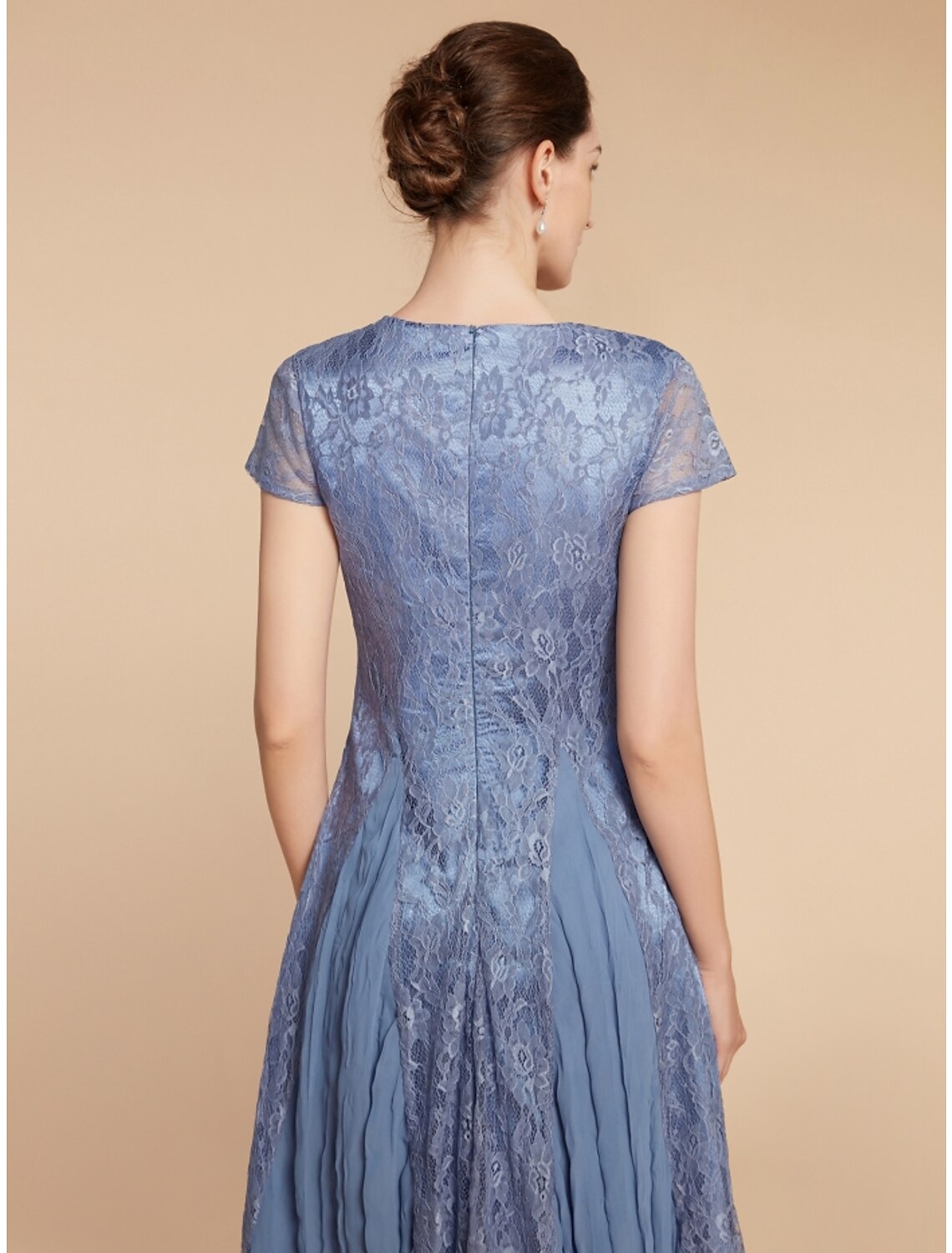 Blue Lace V-Neck A-Line Tea-Length Evening Dress