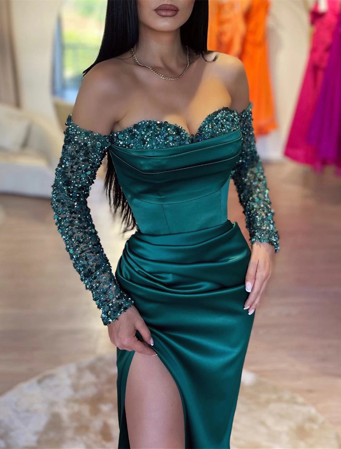 Mermaid Dress Evening Gown Christmas Red Green Dress Formal Masquerade Sweep / Brush Train Long Sleeve Off Shoulder Sequined with Ruched Sequin Slit 2025
