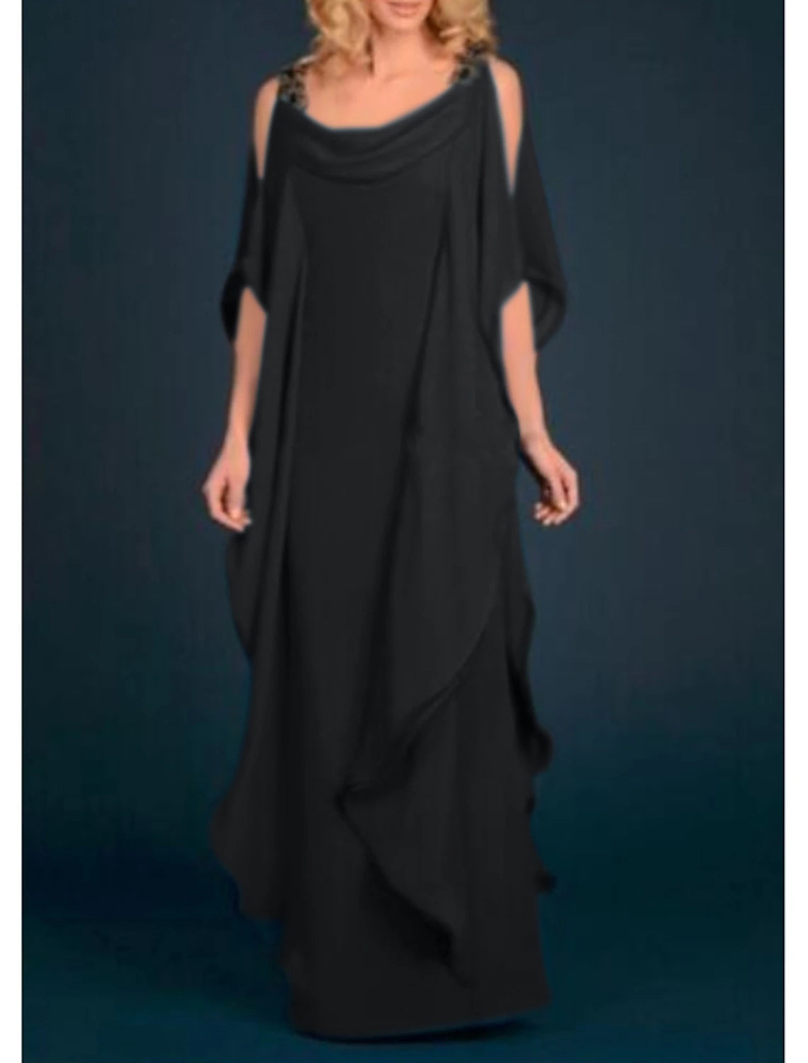 Royal Blue Chiffon A-Line Floor-Length Evening Dress with Cowl Neck & Cold Shoulder Sleeves