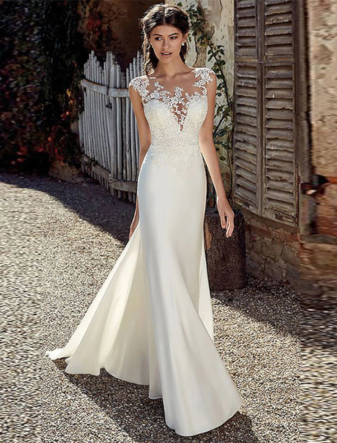 Ivory Satin Floor-Length Bridesmaid Dress with Lace Illusion Neck