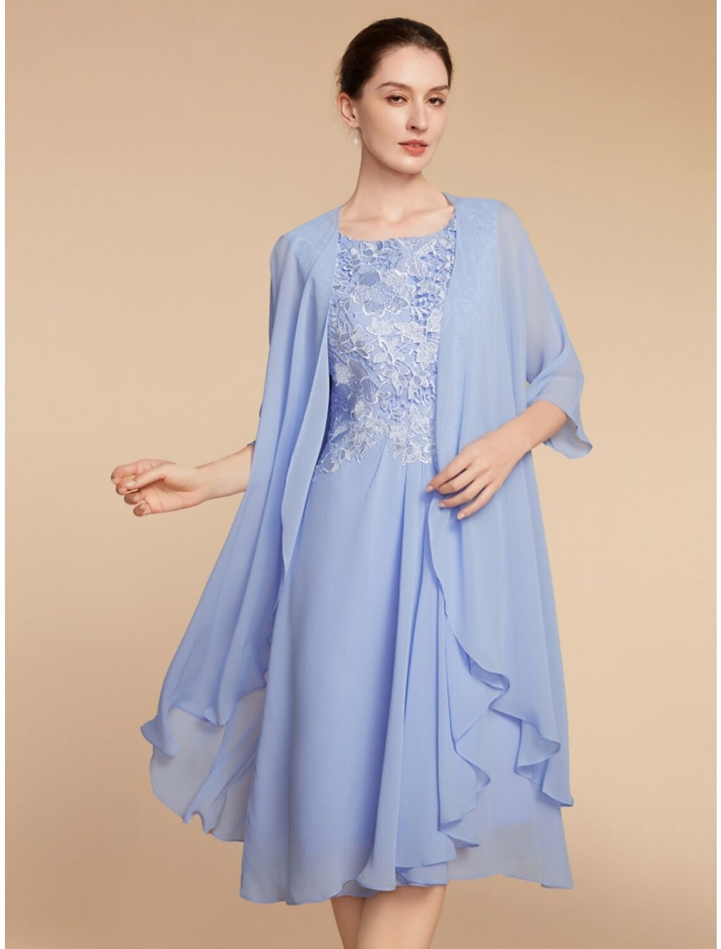 Dusty Blue Chiffon A-Line Tea-Length Bridesmaid Dress with Lace Bodice & Jacket