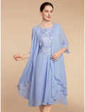 Dusty Blue Chiffon A-Line Tea-Length Bridesmaid Dress with Lace Bodice & Jacket