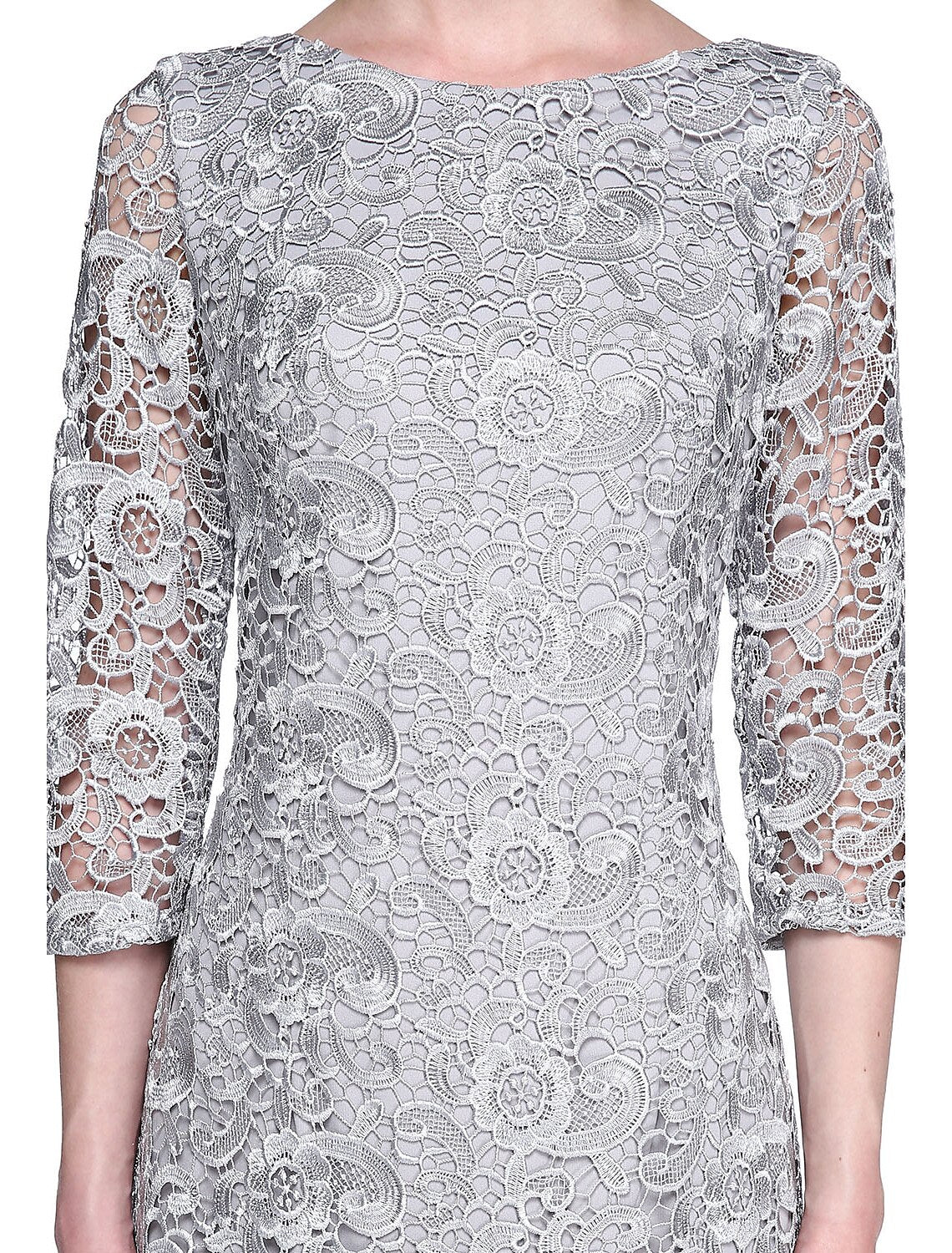 Vestido de madre de la novia con corte tubo/columna, espalda abierta, escote joya, largo hasta la rodilla, encaje, manga 3/4, sin encaje