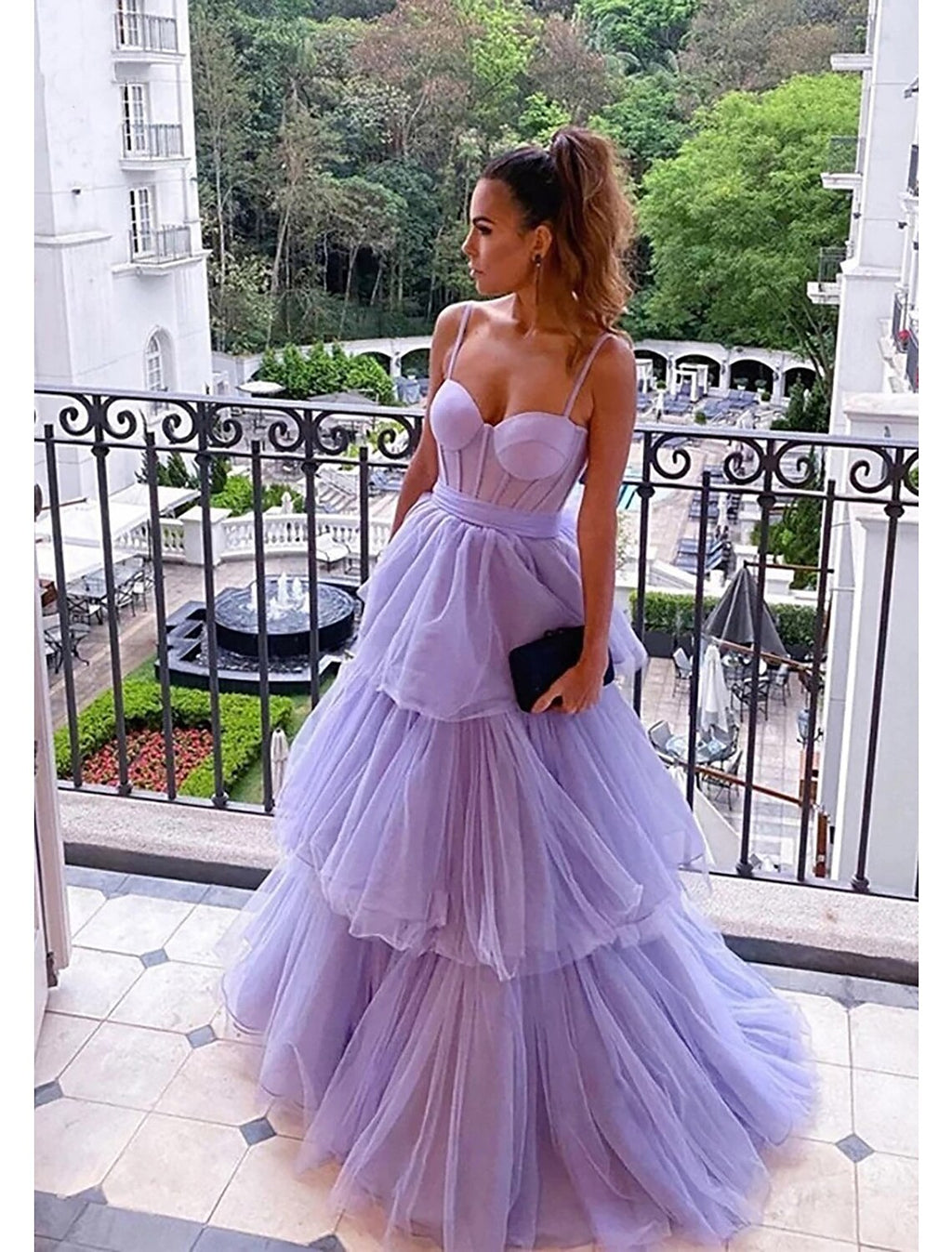 Lavender Tulle A-Line Floor-Length Dress with Sweetheart Corset Bodice & Tiered Skirt
