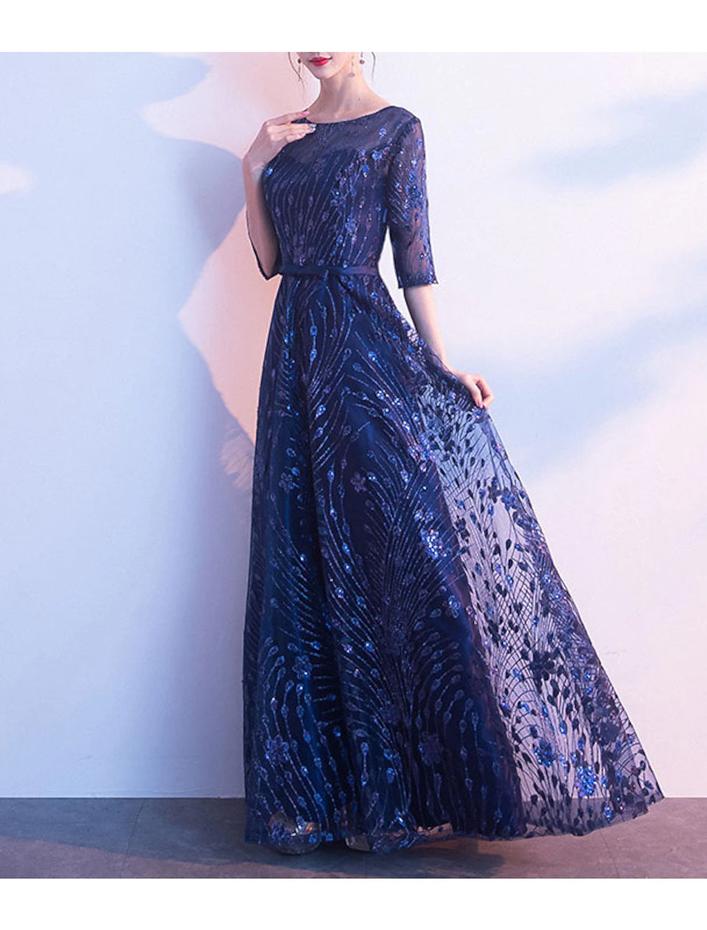 Vestido de dama de honor de corte A, escote joya, media manga, elegante, largo hasta el suelo, encaje/tul con encaje