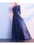 Vestido de dama de honor de corte A, escote joya, media manga, elegante, largo hasta el suelo, encaje/tul con encaje
