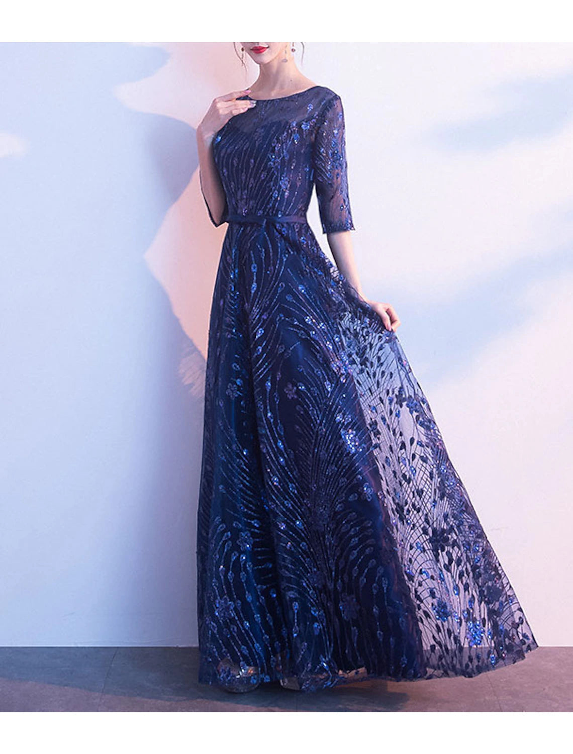 Navy Blue Sequin A-Line Boat Neck Floor-Length Evening Dress for Prom & Bridesmaid