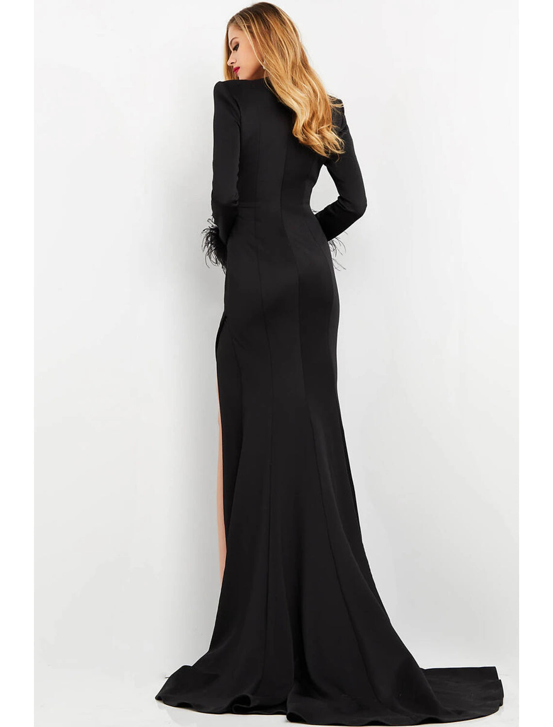 Black Satin Sheath/column Floor-Length Dress with Plunging V-neck, Feather Cuffs & High Slit