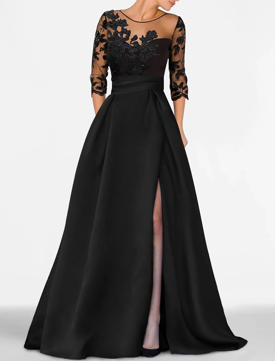 Vestido de noche elegante de corte A para invitada de boda, largo hasta el suelo, manga 3/4, cuello joya, satén con apliques de cuentas