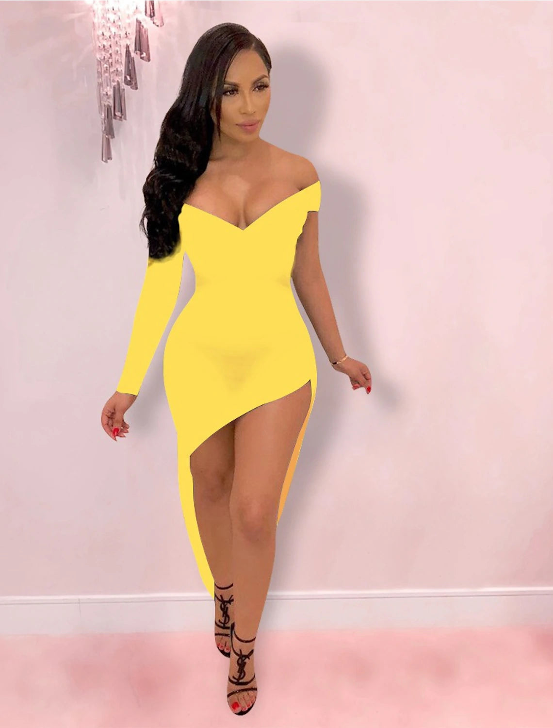 Vestidos de cóctel con corte tubo/columna, vestido sexy para fiesta, ropa asimétrica de manga larga con cuello en V y licra con diseño elegante