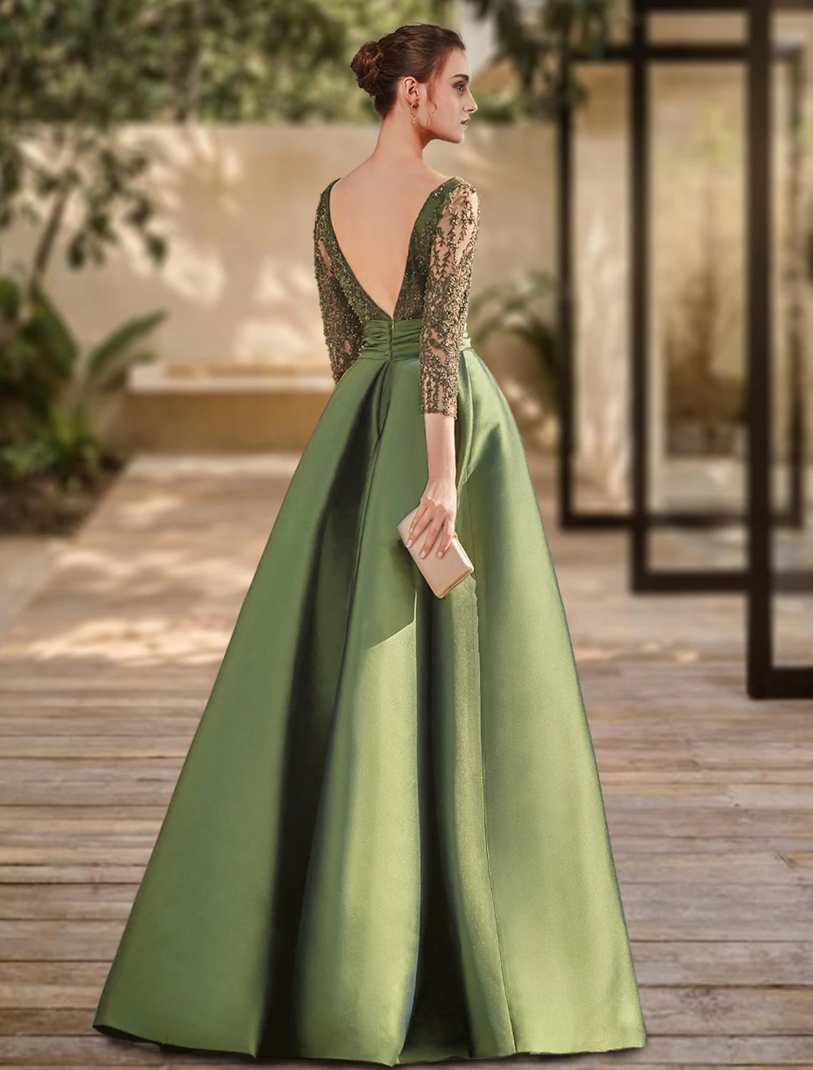 Abito da sera a trapezio con schiena scoperta, abito da cerimonia per invitati a nozze, lunghezza al pavimento, maniche a 3/4, scollo a barchetta, pizzo con spacco e spalline