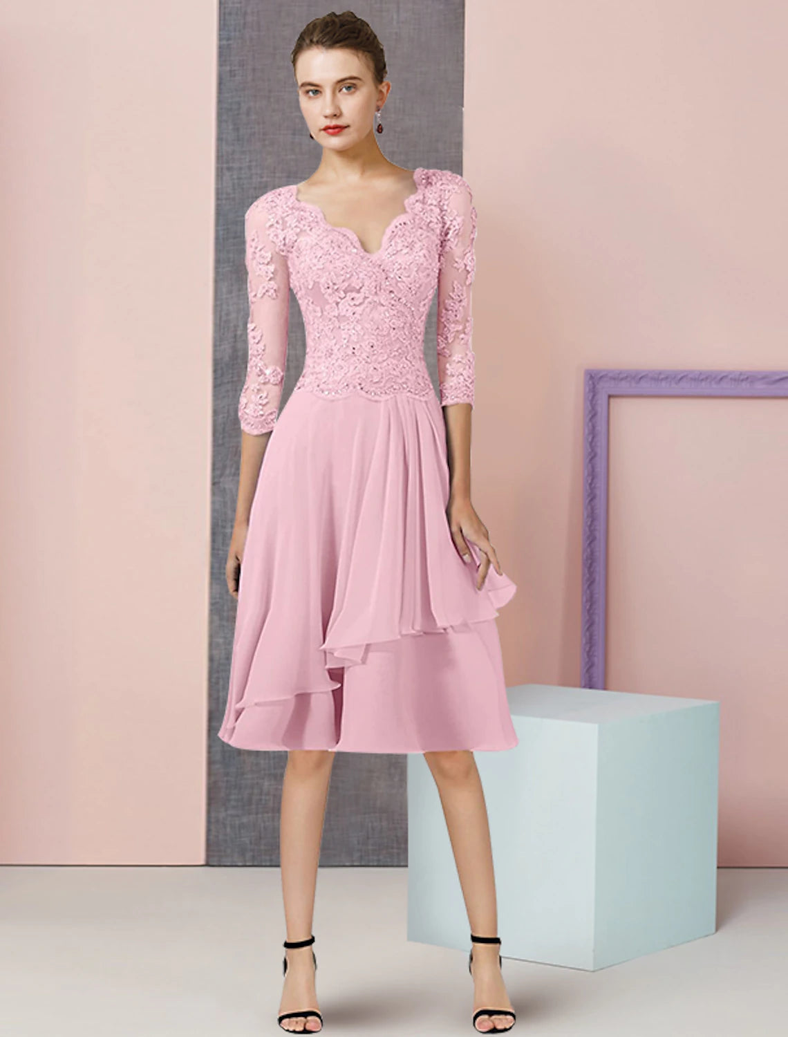 Pink Chiffon A-Line Knee-Length Evening Dress with V-Neck Neckline