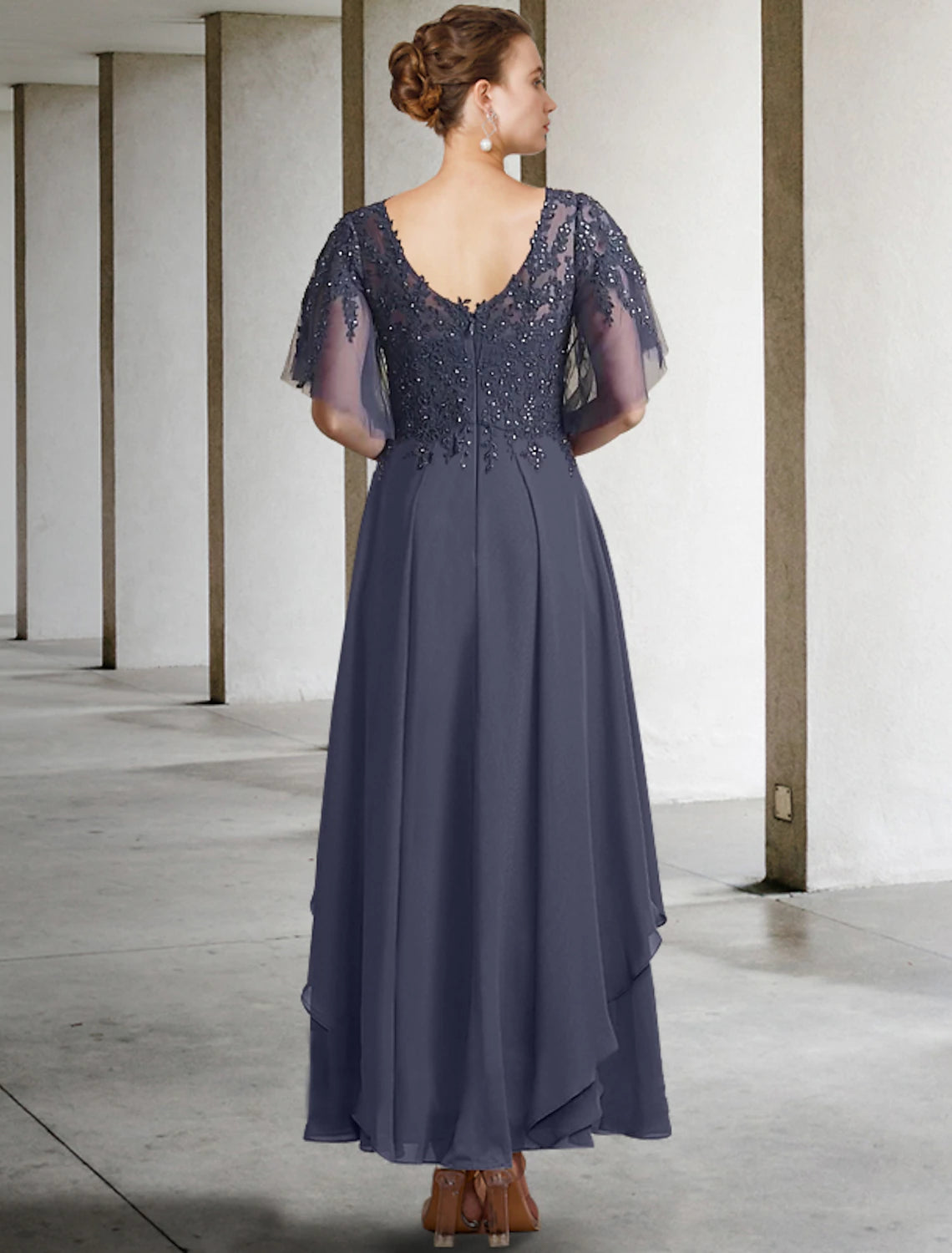 Abito da madre della sposa a trapezio, taglie forti, con scollo a V, elegante, lunghezza alla caviglia, in chiffon, pizzo, maniche corte, con applicazioni di perline e paillettes
