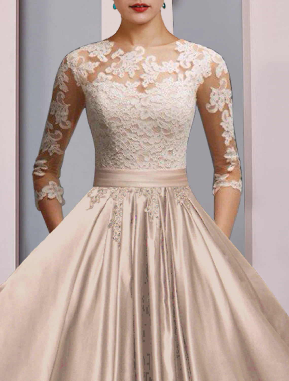 Abito da cerimonia per la madre della sposa, a trapezio, elegante, con scollo a barchetta, lunghezza alla caviglia, in raso e pizzo, maniche a 3/4 con applicazioni a pieghe