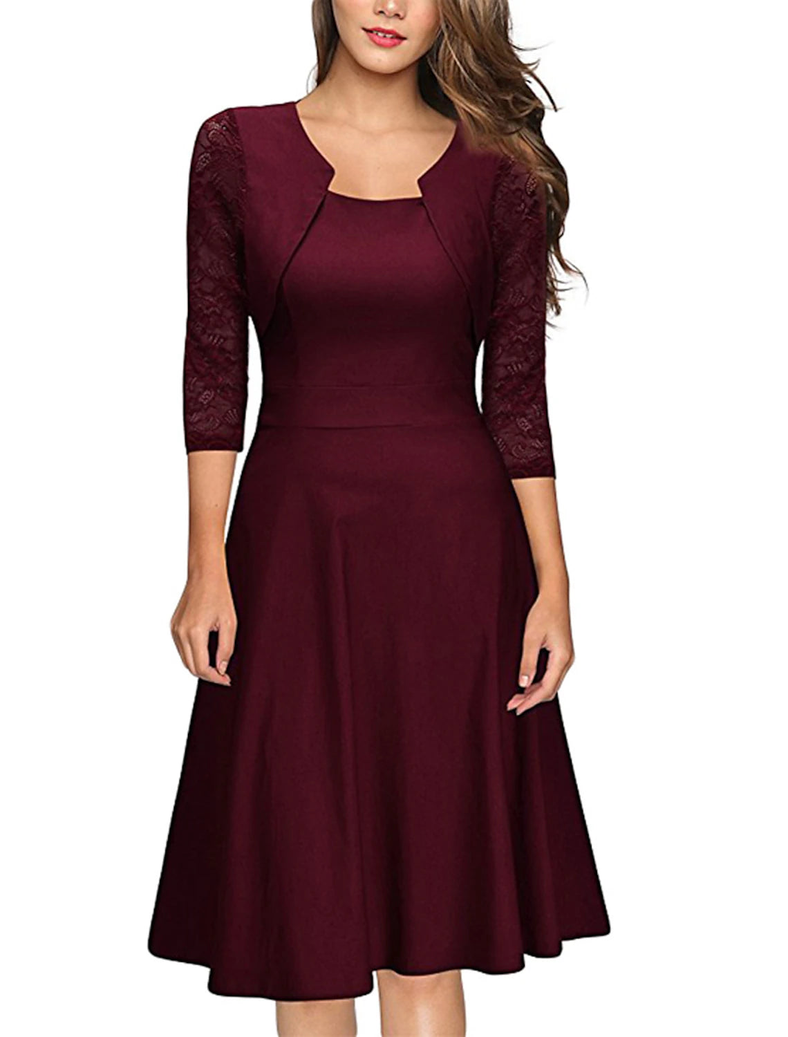 Vestidos de cóctel de corte A, elegantes vestidos de fiesta, vestidos de cóctel hasta la rodilla, mangas 3/4, cuello joya, para invitados de boda de otoño, de algodón con volantes