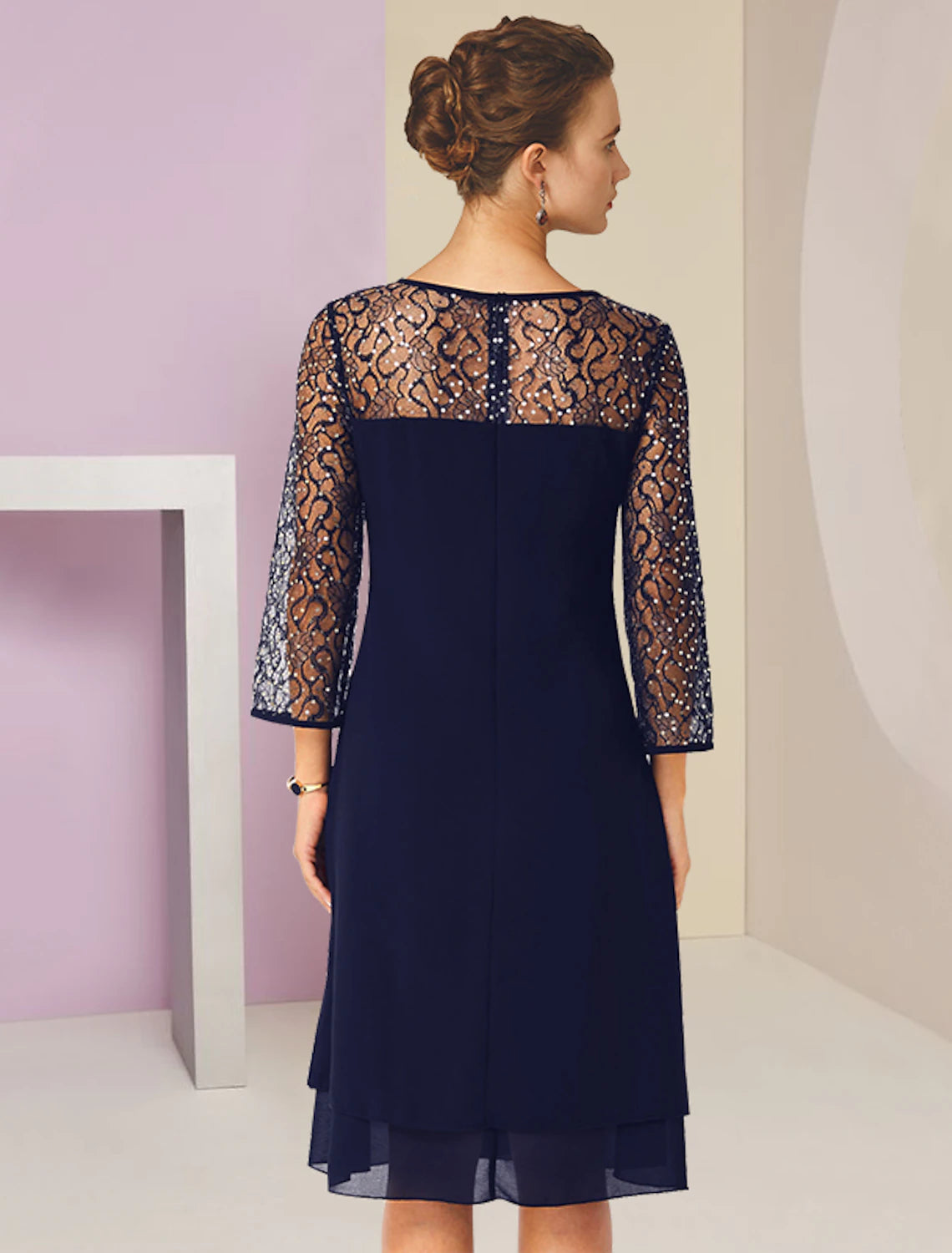 Dark Navy Chiffon A-Line Knee-Length Evening Dress with Sequin Sleeves