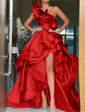 Vestido de noche elegante de corte A, vestido rojo y verde, vestido formal de boda asimétrico sin mangas, un hombro, satén con volantes y abertura.