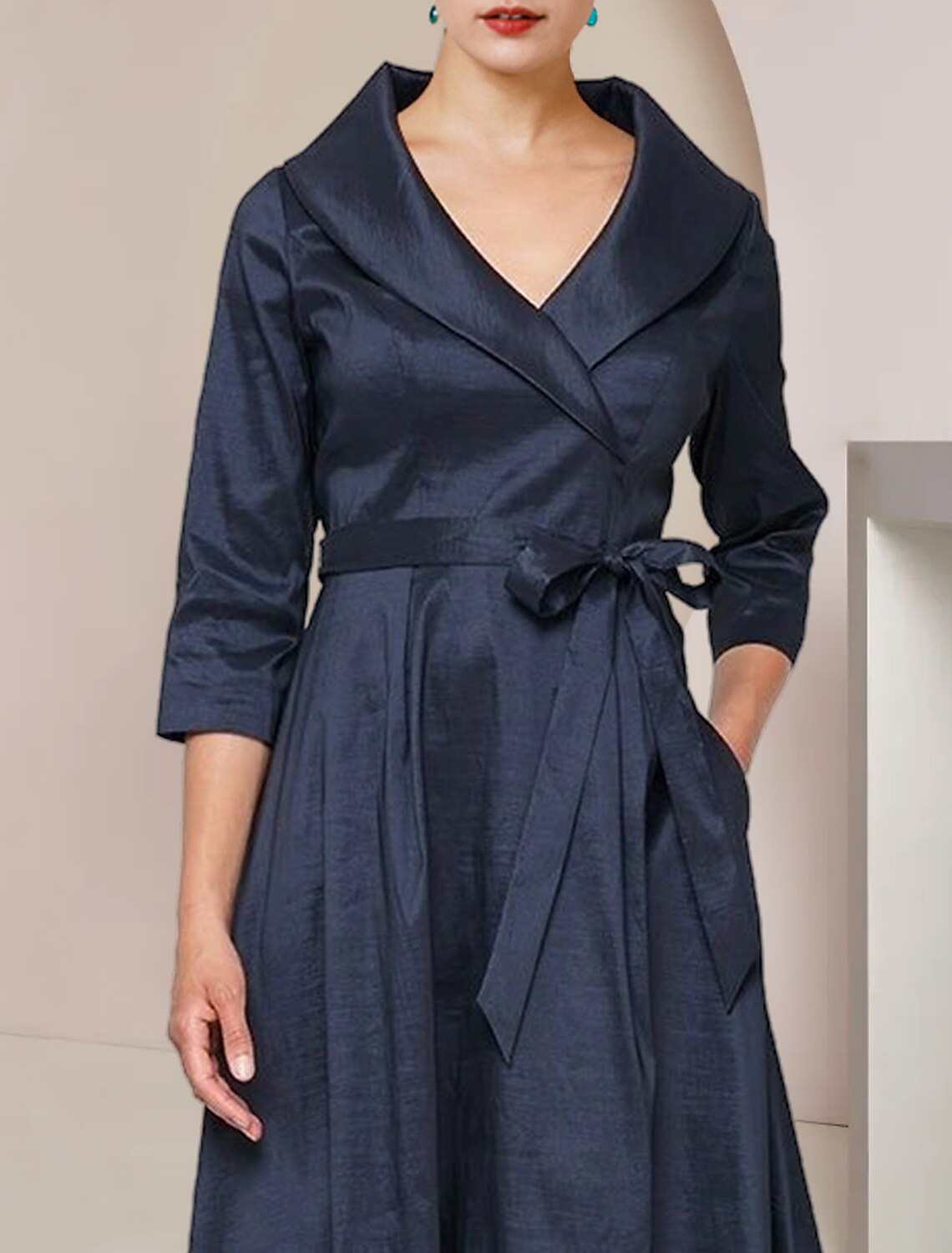 Vestido de madre de la novia de corte A, formal, para invitados a la boda, elegante, cuello camisero, asimétrico, largo hasta el tobillo, tafetán, manga corta con lazo(s).