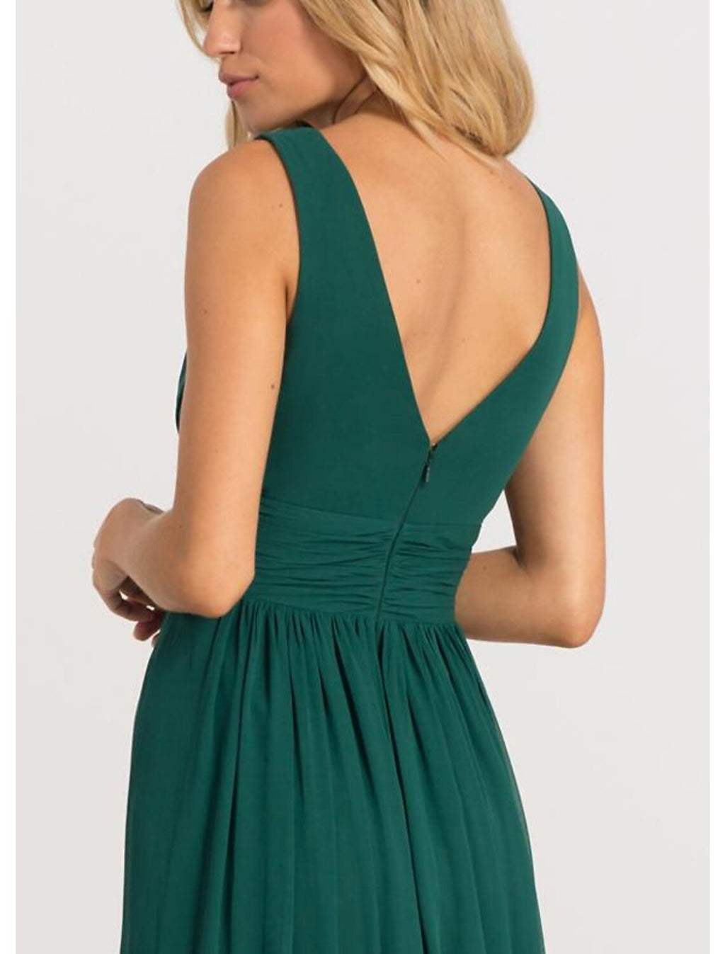 Vestido de noche formal elegante de corte A, escote en V, espalda en V, sin mangas, largo hasta el suelo, de gasa con pliegues y abertura frontal