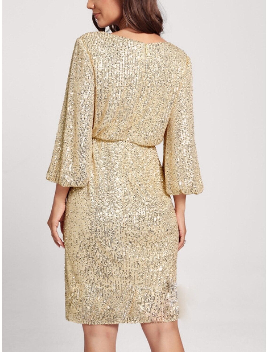 Abiti da festa a tubino/colonna, scintillanti e brillanti, per invitati a nozze, compleanno, lunghezza al ginocchio, maniche a 3/4, scollo a V, paillettes con glitter e arricciature