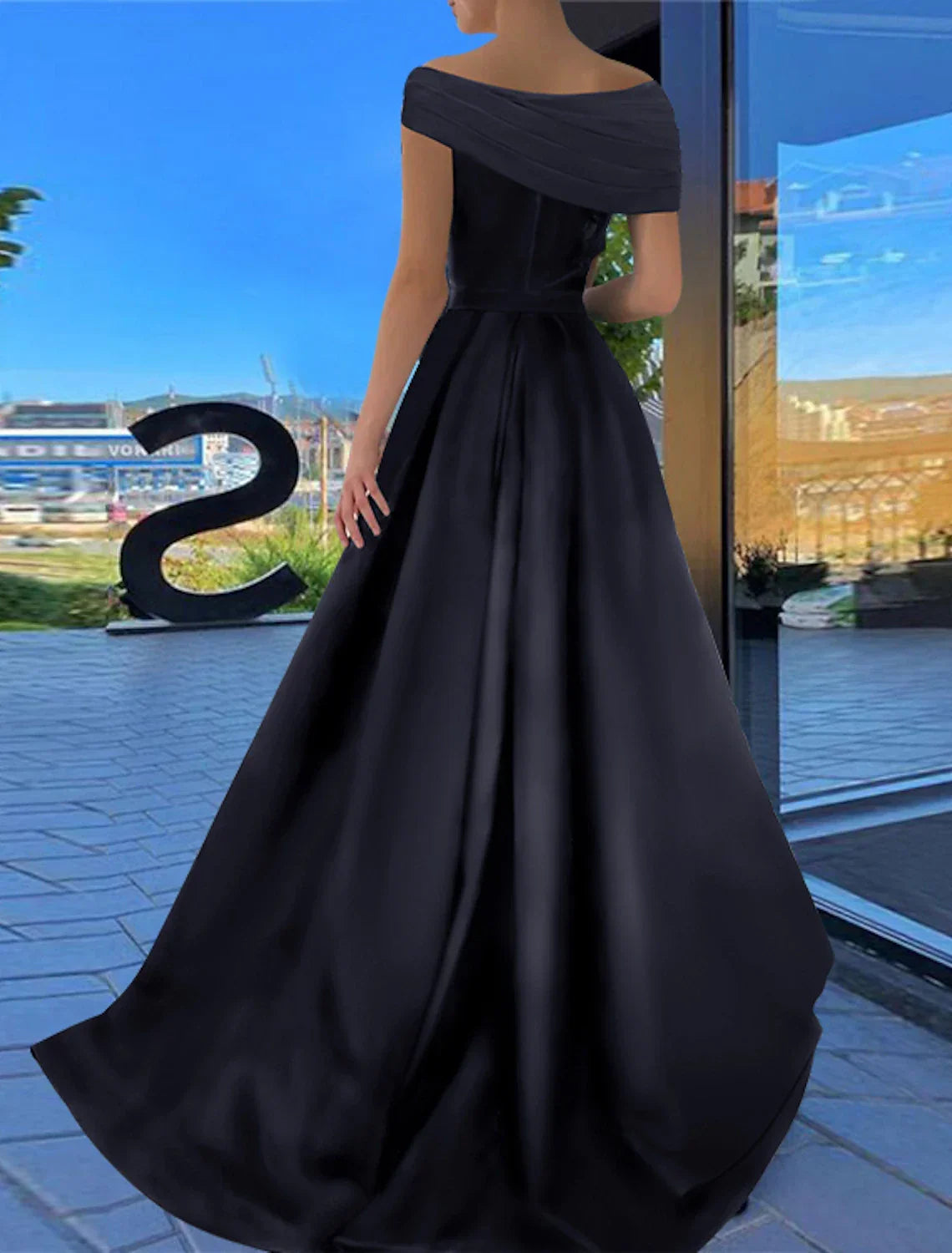 Black Off-the-Shoulder Satin A-Line Evening Gown with High Slit