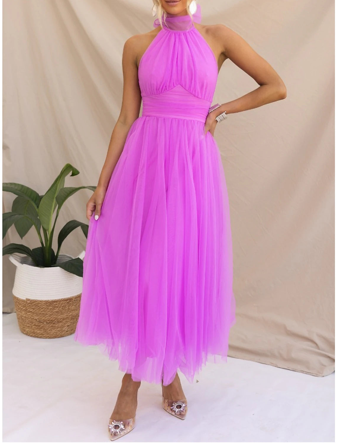 Women's Prom Dress Party Dress Homecoming Dress Long Dress Maxi Dress Black White Yellow Sleeveless Pure Color Mesh Summer Spring Halter Neck Fashion Evening Party Wedding Guest Vacation