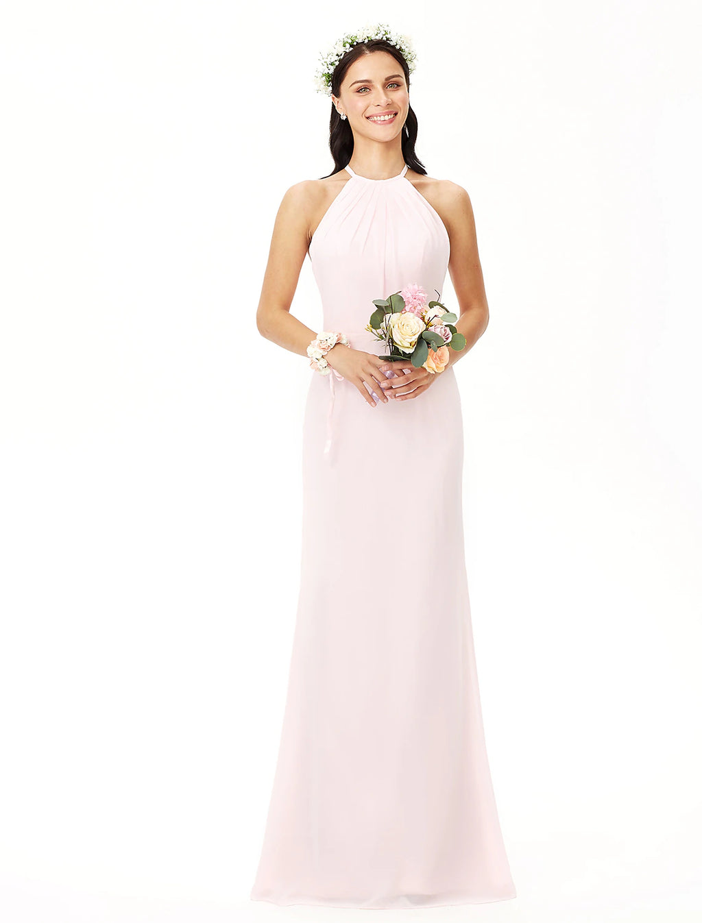 Blushing Pink Chiffon A-Line Floor-Length Dress with Halter neckline and Backless - Jimiss