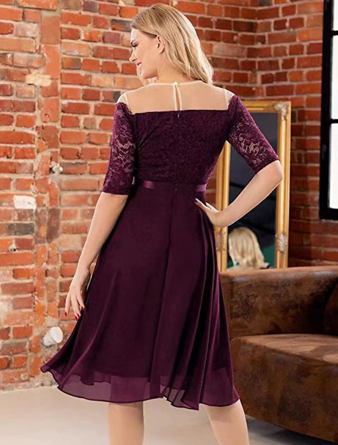 Burgundy Lace Illusion Neck A-Line Knee-Length Dress